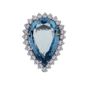 White gold Aquamarine cocktail ring with almost a carat of diamond accents