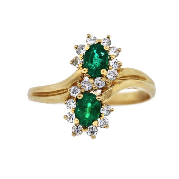 14k Yellow Gold Diamond and Emerald Bypass Ring