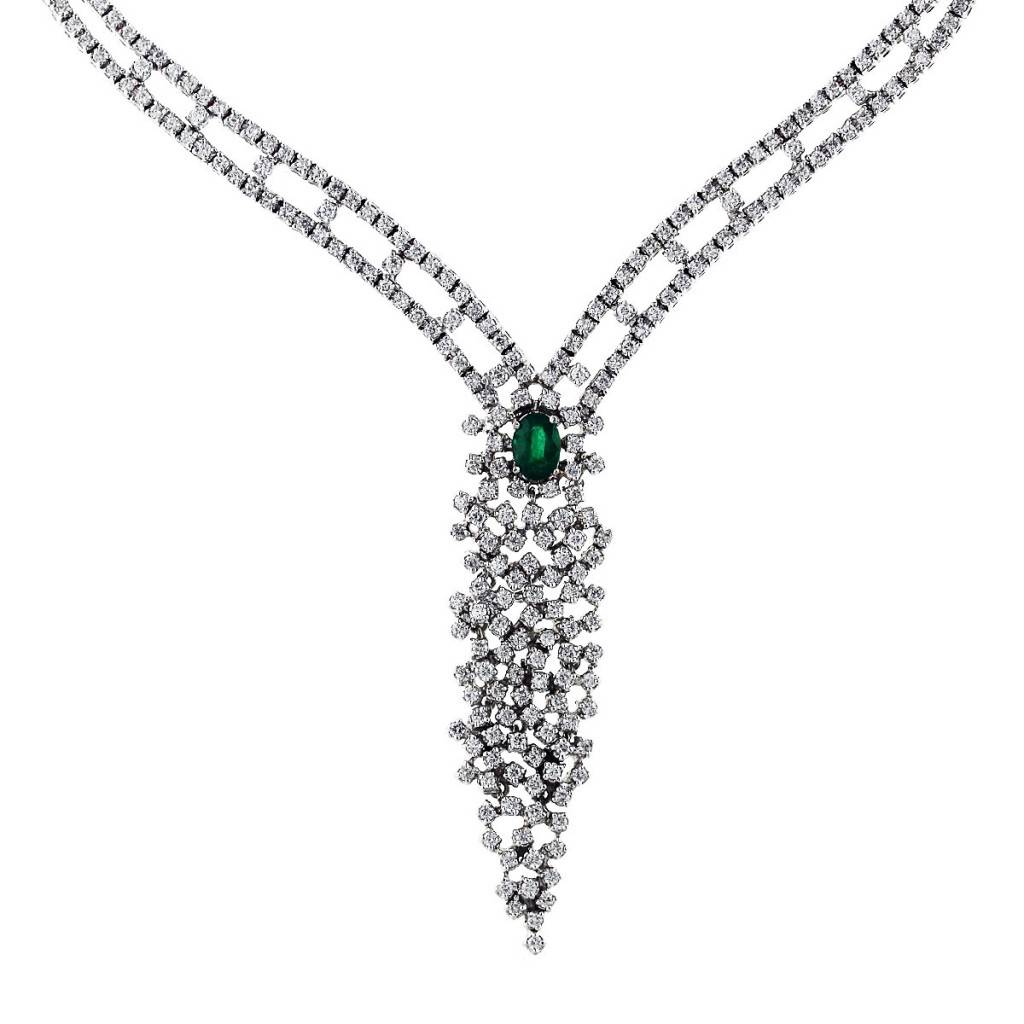 18K White Gold Emerald and Diamond Necklace