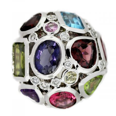 18k White Gold Multicolored Gemstone and Diamond Dome Ring