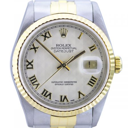 Rolex Datejust Two Tone Ivory Pyramid Roman Dial Men's Watch