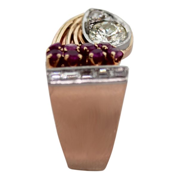 14k Rose Gold Round Brilliant Diamond, Baguettes and Ruby Ring South Florida