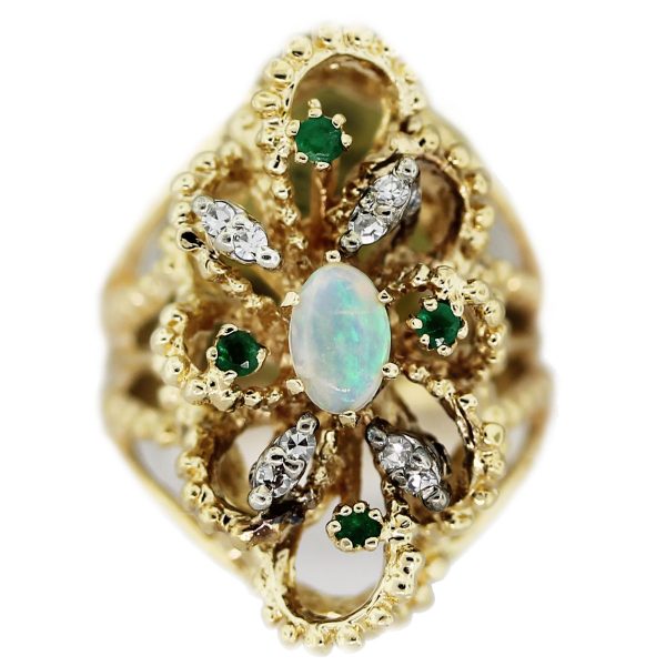 Vintage 14k Yellow Gold Jelly Opal, Single Cut Diamond, Emerald Ring