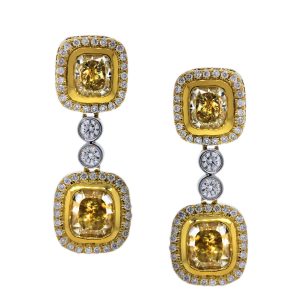 18k Two Tone Gold Yellow Diamond Drop Dangle Earrings