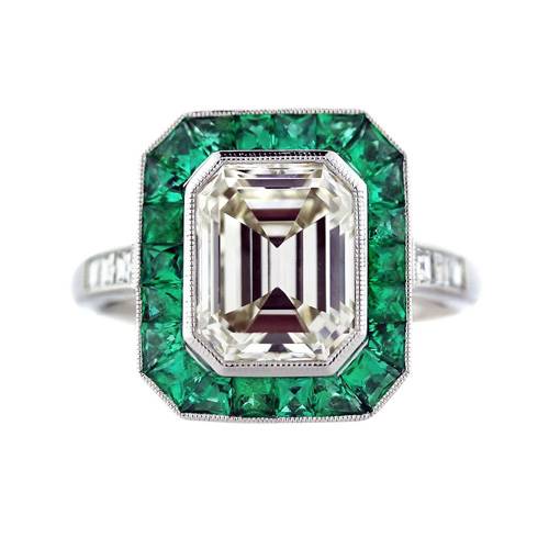 2.50 Ct Emerald Cut Diamond and Emerald Platinum Engagement Ring