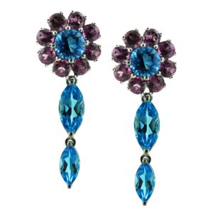 14kt White Gold Blue Topaz & Amethyst Flower Drop Dangle Earrings