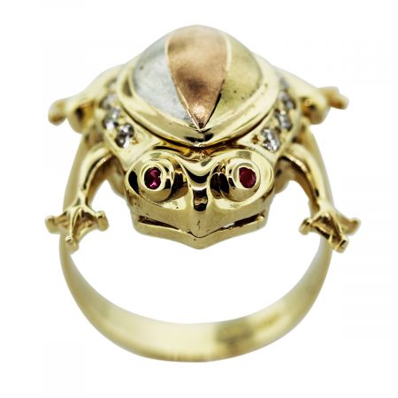 14k Yellow Gold Diamond and Ruby Frog Ring