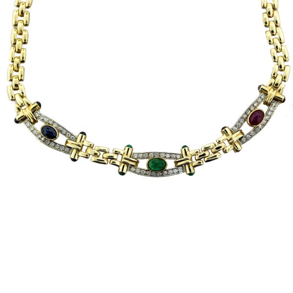 14k Yellow Gold Sapphire, Emerald, Diamond Necklace
