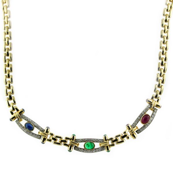 14k Yellow Gold Sapphire, Emerald, Diamond Necklace w/ Hidden box clasp