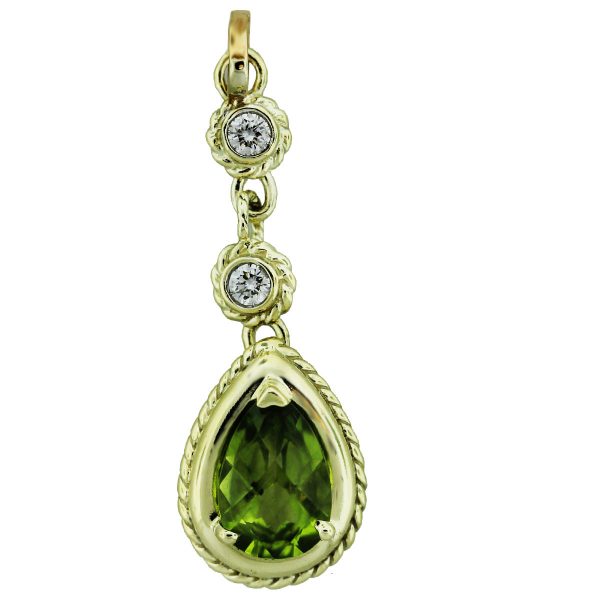 14k Yellow Gold Pear Shape Peridot & Diamond Pendant