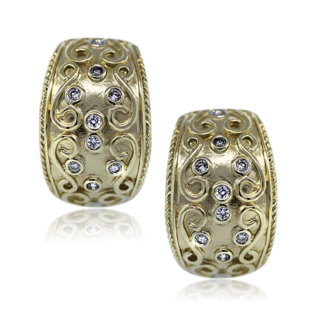 14k Yellow Gold Bezel Set Diamond J-Hoop Earrings