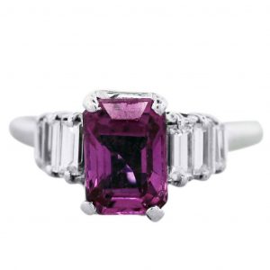 18k White Gold Pink Tourmaline and Emerald Cut Diamond Ring