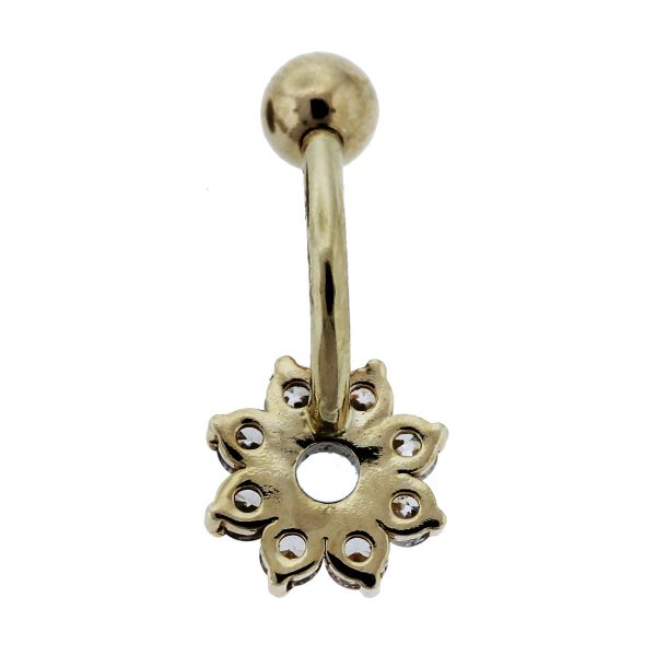 14kt Yellow Gold White & Blue CZ Flower Belly Button Ring back
