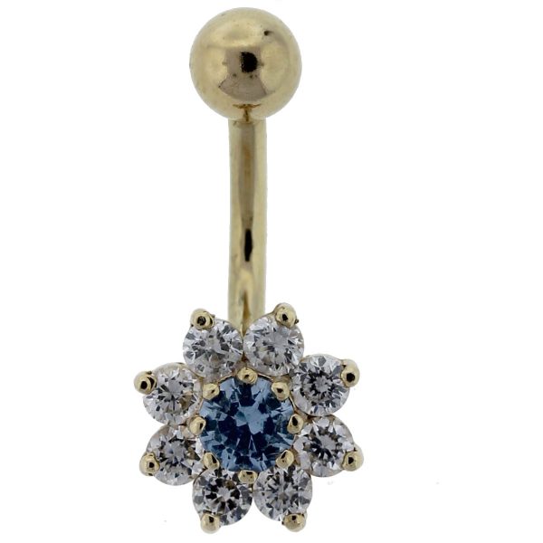 14kt Yellow Gold White & Blue CZ Flower Belly Button Ring