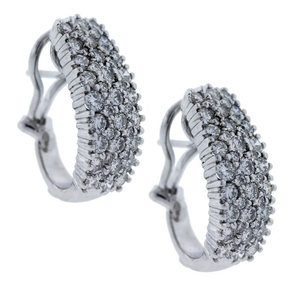 18kt White Gold Round Diamond Cluster Crescent Hoop Earrings Angle