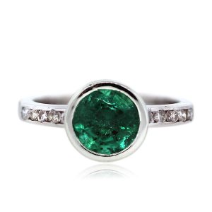 14k White Gold Bezel Set Emerald and Diamond Ring