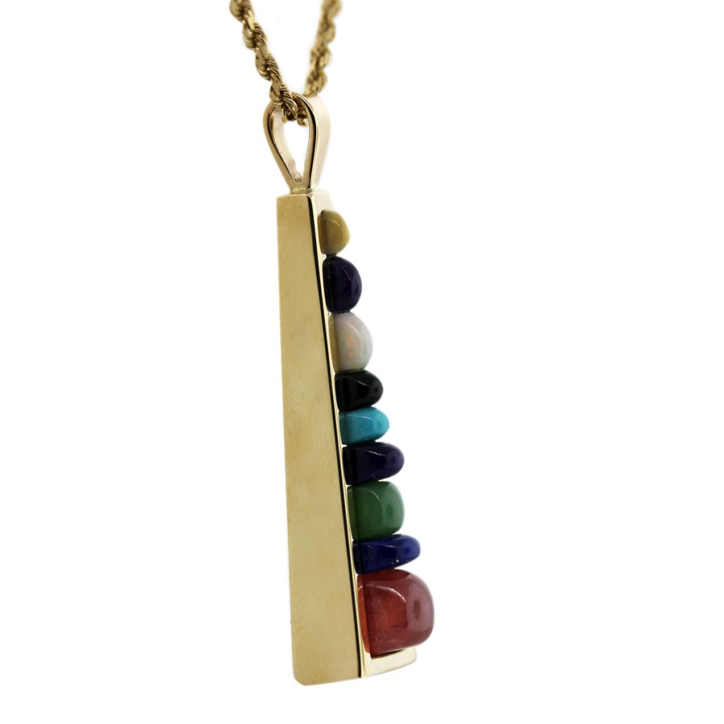 14kt Yellow Gold Mixed Semi Precious Gemstone Pendant & Rope Chain Side