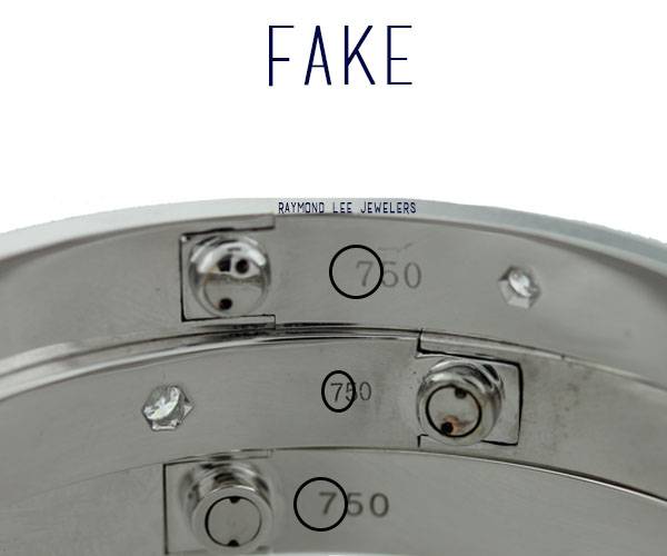 Mismatched fonts on fake Cartier Love bangles