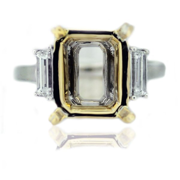 Platinum & 18k Yellow Gold Diamond Baguette Emerald Engagement Ring Mounting