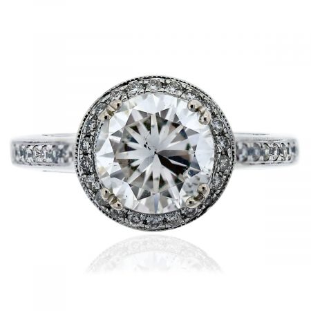 14k White Gold GIA Certified 1.83ct Diamond Halo Engagement Ring