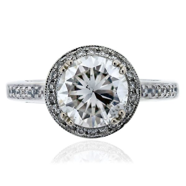 14k White Gold GIA Certified 1.83ct Diamond Halo Engagement Ring