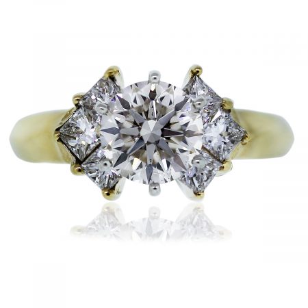 14kt Yellow Gold GIA Certified Round & Princess Cut Diamond Engagement Ring