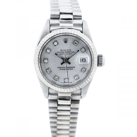 Vintage Rolex Datejust 6917 18k White Gold Diamond Silver Dial Watch Full