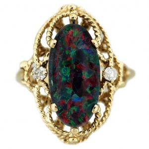 Vintage 14k Yellow Gold Opal Triplet Diamond Ring