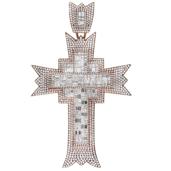 18k Rose Gold Round Diamond/Baguette Custom Diamond Cross Pendant