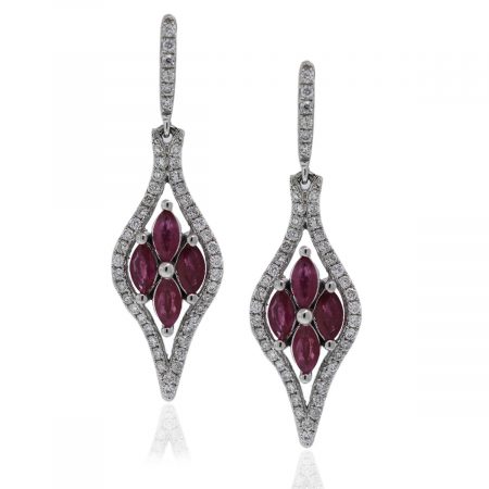 14kt White Gold Diamond and Ruby Flower Drop Earrings
