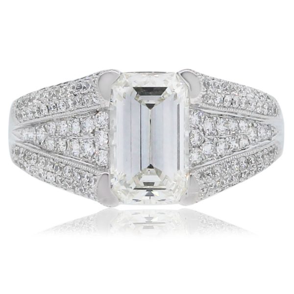 Platinum Emerald Cut Diamond Engagement Ring with Accents