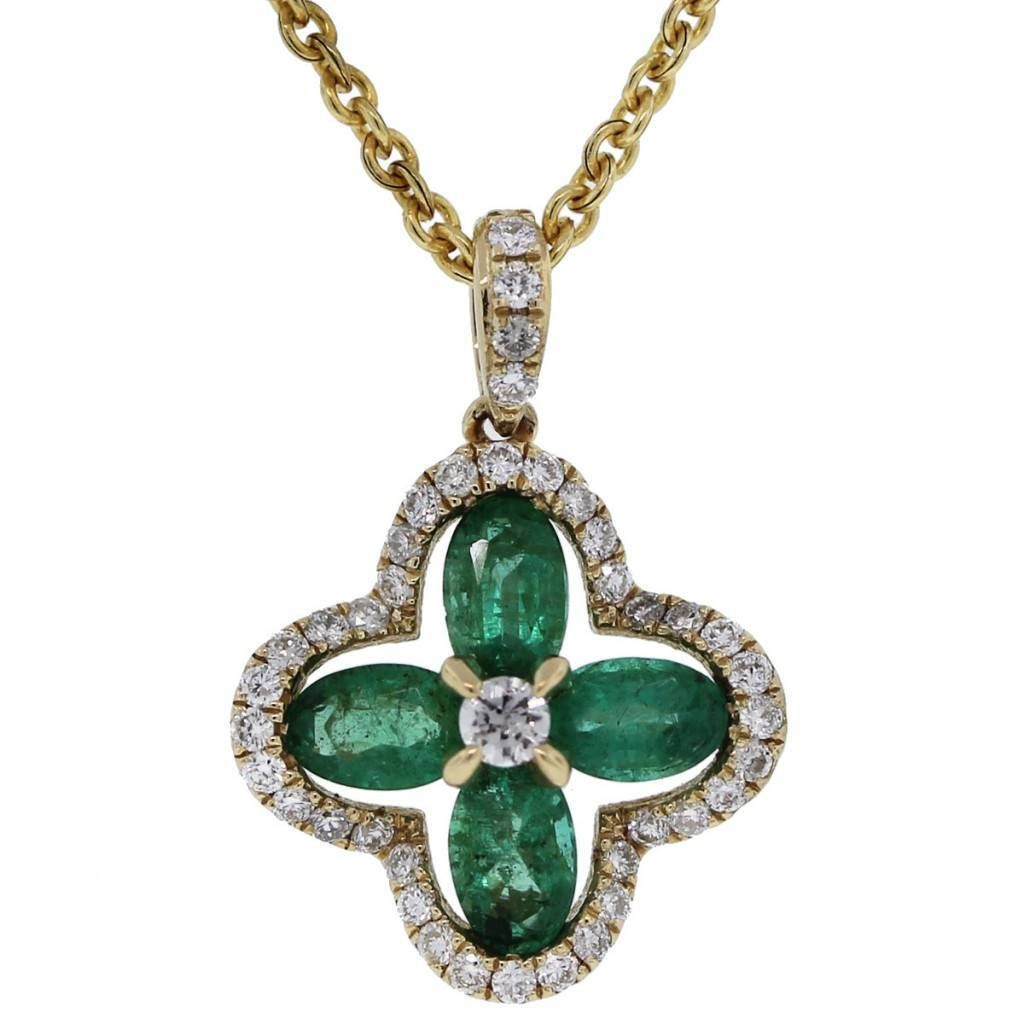 14kt Yellow Gold Emerald & Diamond Flower Pendant w/ Chain