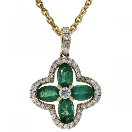 14kt Yellow Gold Emerald & Diamond Flower Pendant on Chain