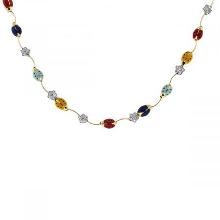 Aaron Basha 18K Gold Multi-Colored Lady Bug/Diamond Flower Necklace