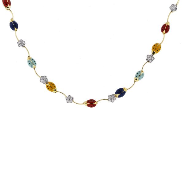 Aaron Basha 18K Gold Multi-Colored Lady Bug/Diamond Flower Necklace