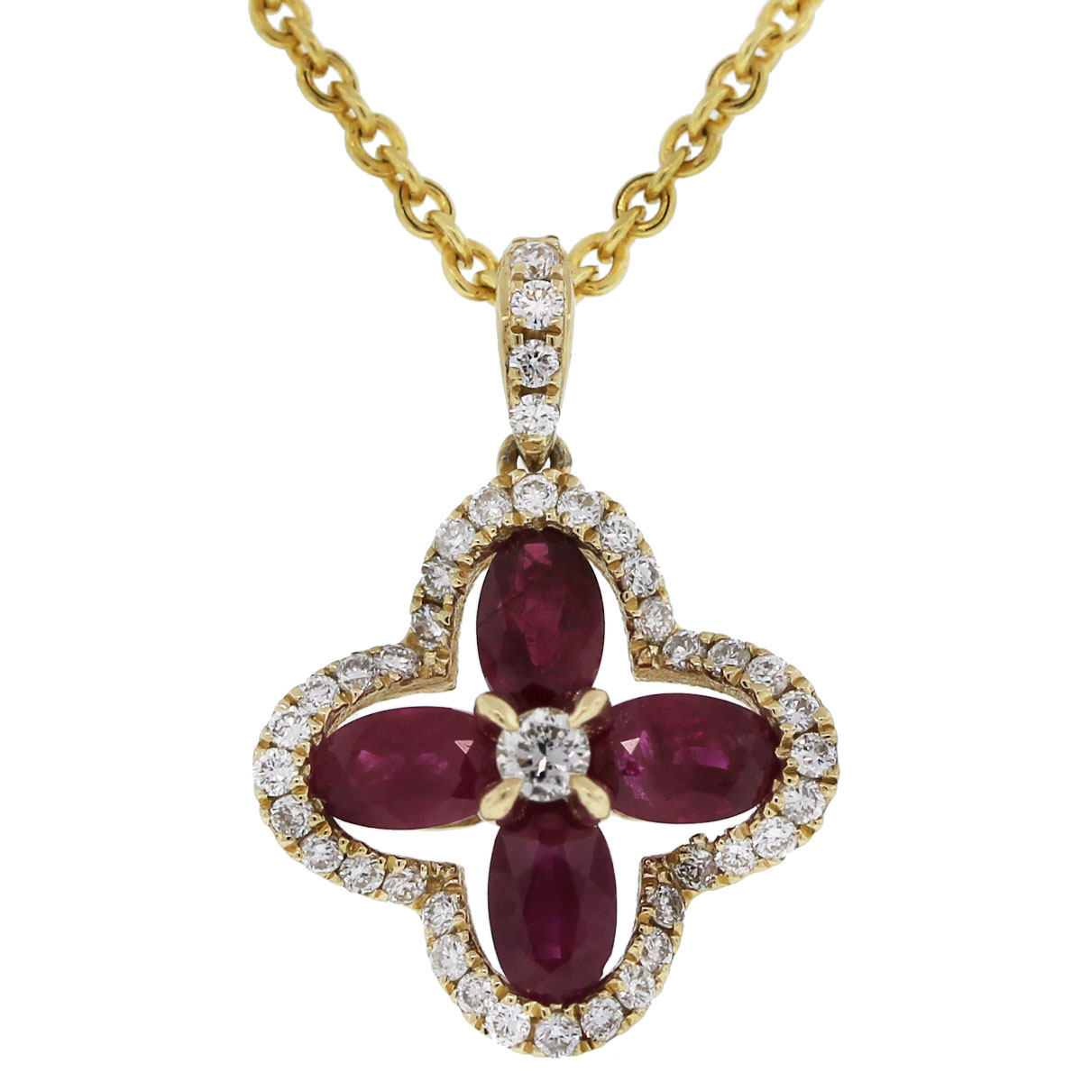 14kt Yellow Gold Ruby & Diamond Flower Pendant w/ Chain
