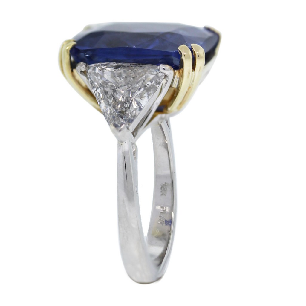 Platinum/18k Gold Radiant Cut Sapphire & Trillion Cut Diamond Ring side
