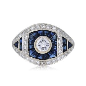 18k White Gold Vintage Style Diamond and Sapphire Cocktail Ring