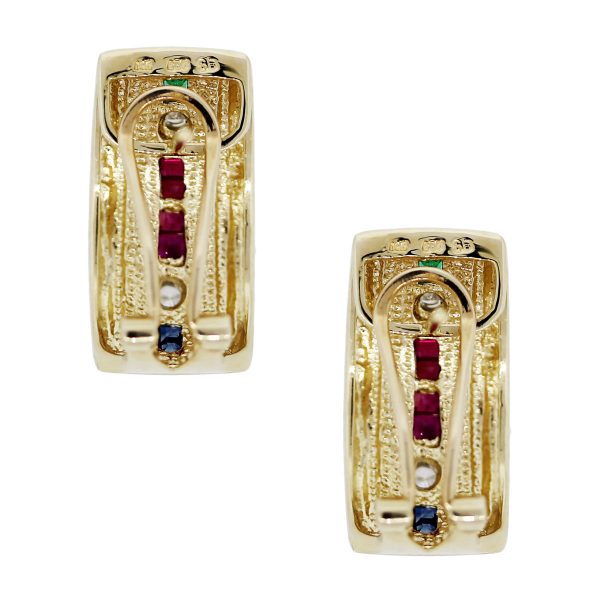 14k Gold Gemstone and Diamond J Hoop Earrings