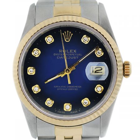 You are viewing this Rolex Datejust 16233 Blue Diamond Dial Jubilee Two Tone Watch!