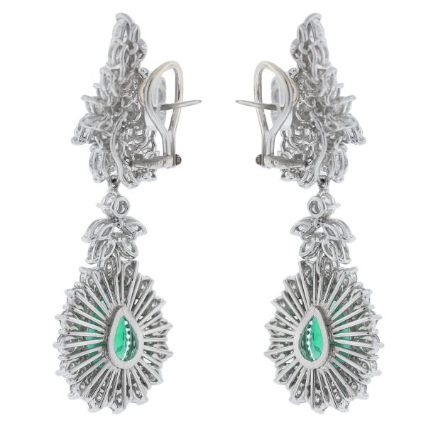 Pear Shape Emerald and Marquise/Round Cut Diamond Dangle Earrings