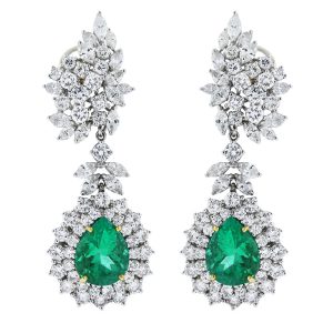 Platinum Pear Cut Emerald/Marquise & Round Cut Diamond Earrings