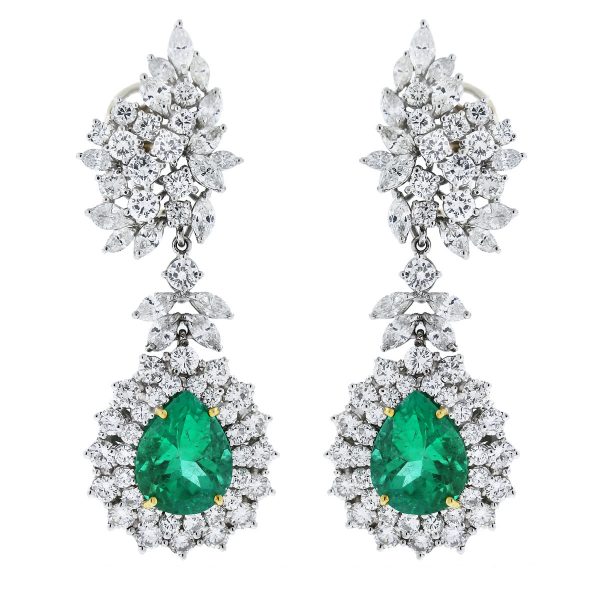 Platinum Pear Cut Emerald/Marquise & Round Cut Diamond Earrings