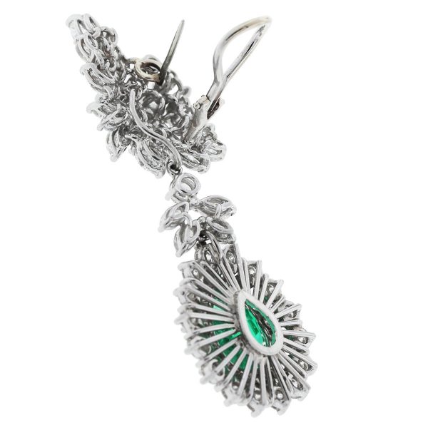 Platinum Pear Cut Emerald/Marquise & Round Cut Diamond Drop Earrings