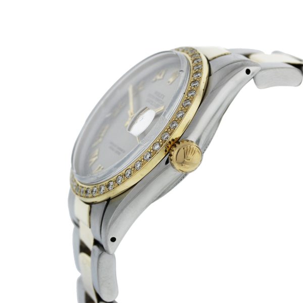 Rolex DateJust 16013 Diamond Bezel Silver Roman Dial Two Tone Watch crown