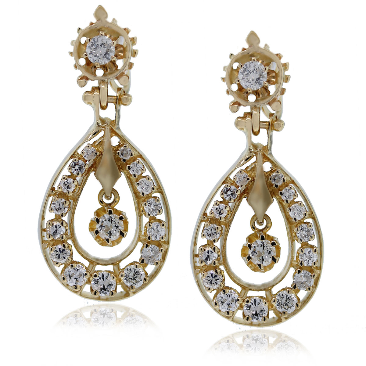 14kt Yellow Gold Round Cut Diamond Dangle Earrings