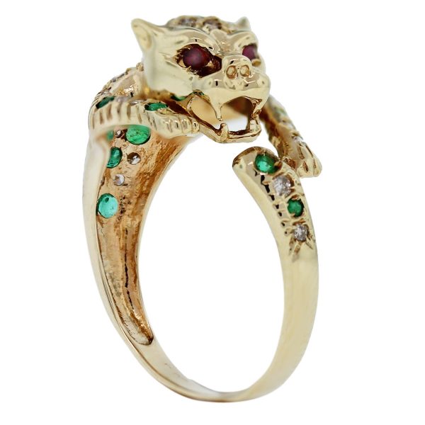 14kt Gold Diamond, Emerald & Ruby Eye Panther Ring