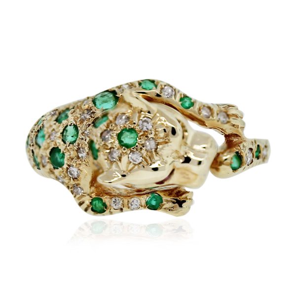 14kt yellow Gold Diamond, Emerald & Ruby Eye Panther Ring