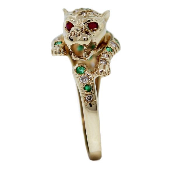 14kt Gold Diamond, Emerald & Ruby Panther Ring