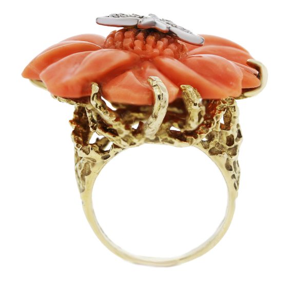 14k Yellow Gold and Coral with Diamonds Cocktail Ring